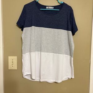 YunJey Women’s White Navy Grey Color Block with Stripe T Shirt Extra Large